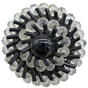 Vintage West Germany Black Lucite Crystal Beaded Flower Brooch Statement Pin